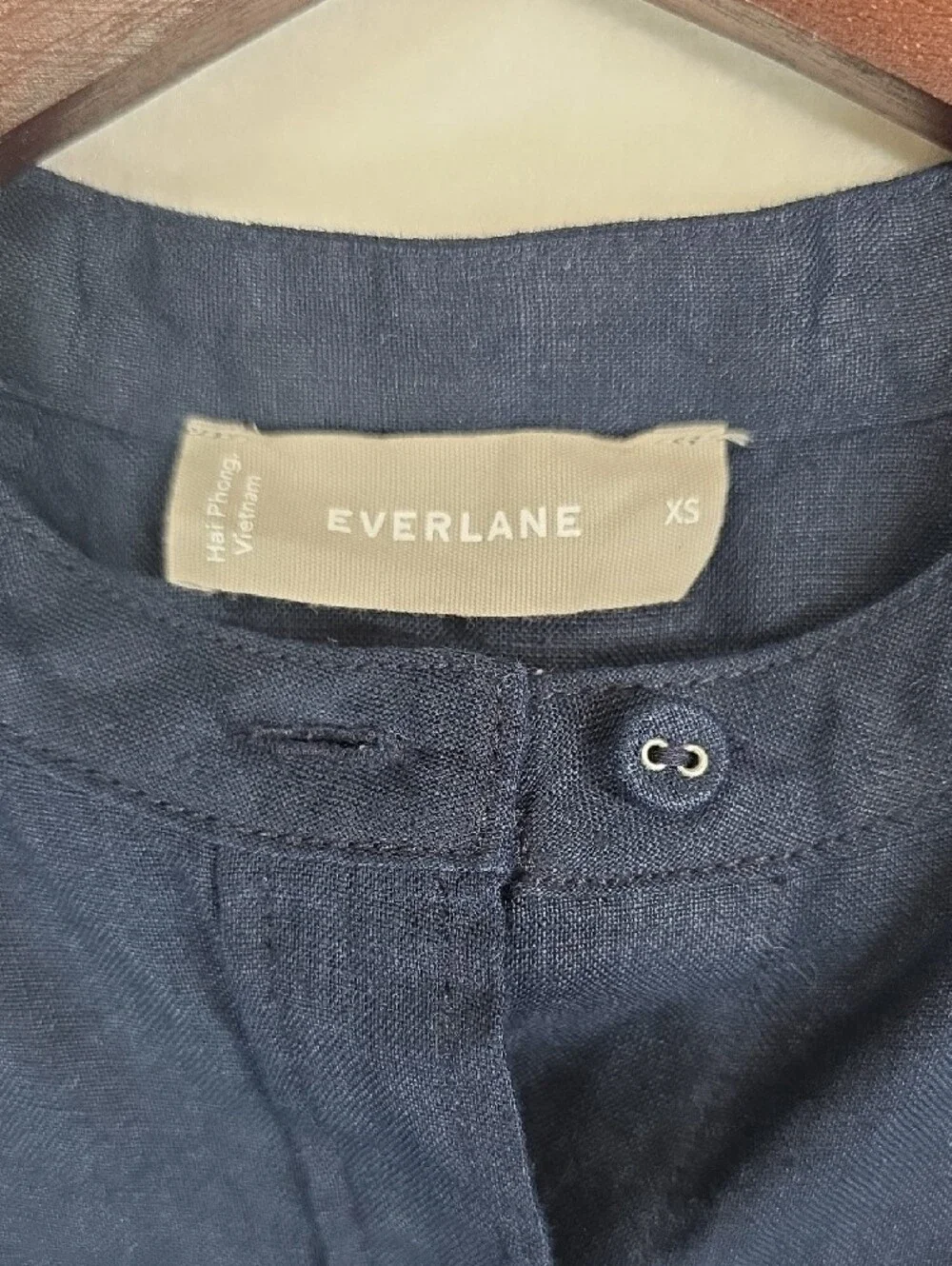 Everlane Dark Navy 100% Linen Button-Down Puff Sleeve Shirt Minimalist